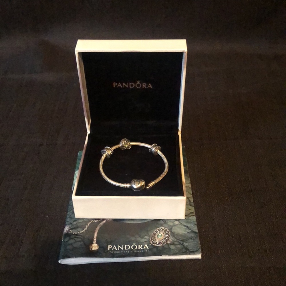 Pandora sterling heart clasp bracelet with 3 charms; green peridot birthday 7” - Picture 1 of 9